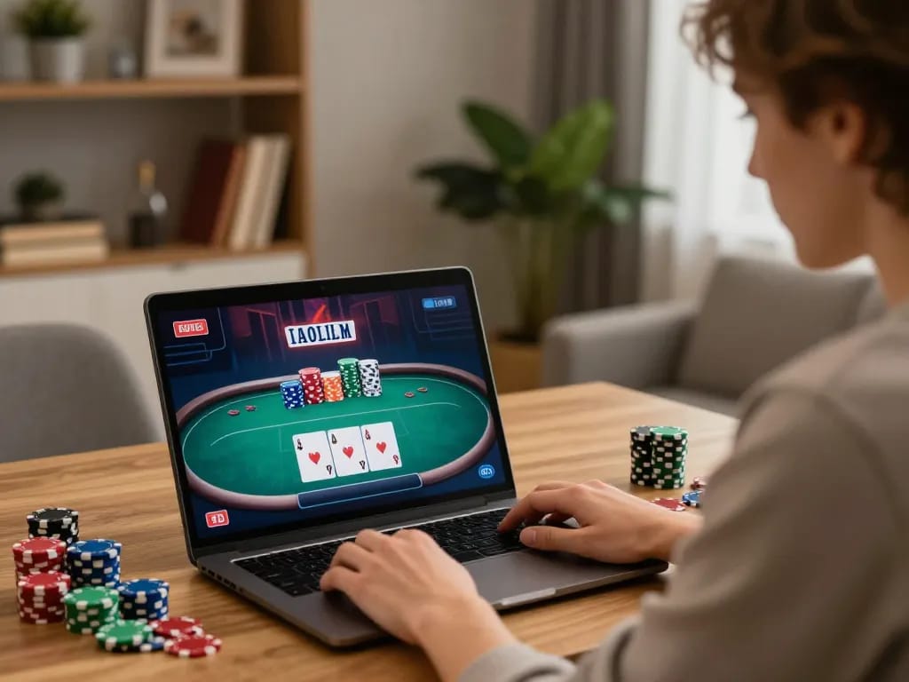 Open88 player engaging with online poker game on laptop, showcasing dynamic gaming atmosphere.