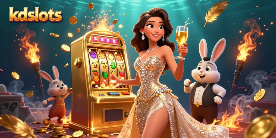 Experience excitement at kdslots with a glamorous woman beside a golden jackpot slot machine.