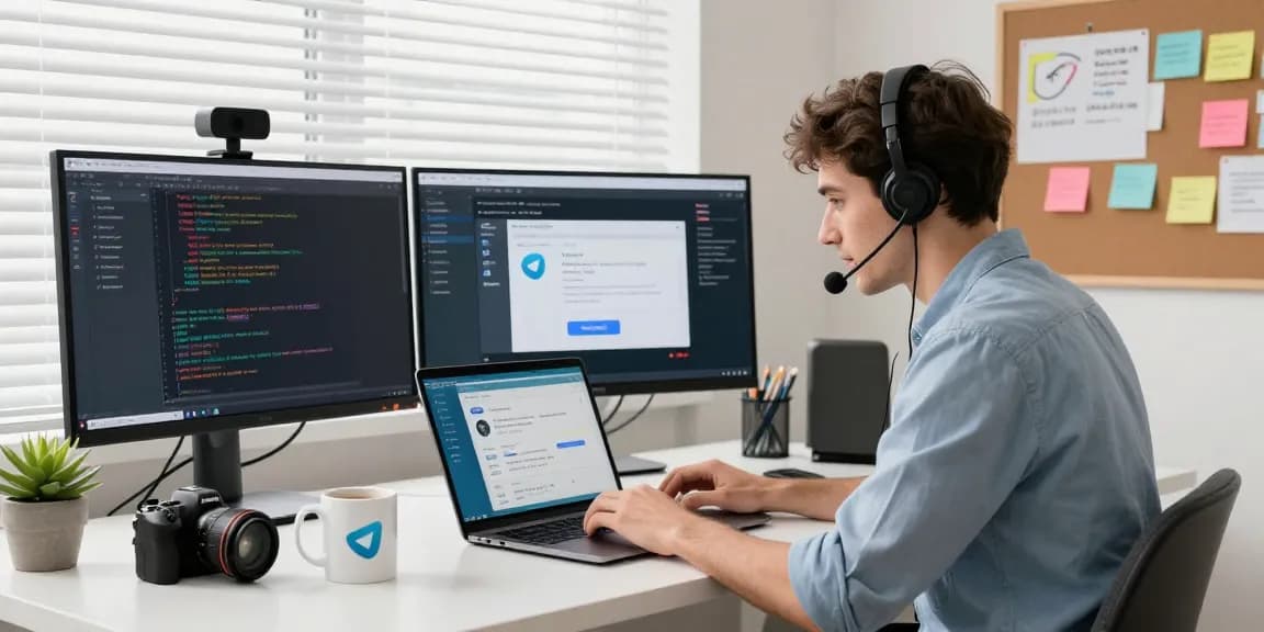 Creating apps with telegram官网, showcasing a modern tech workspace with coding and innovation elements.