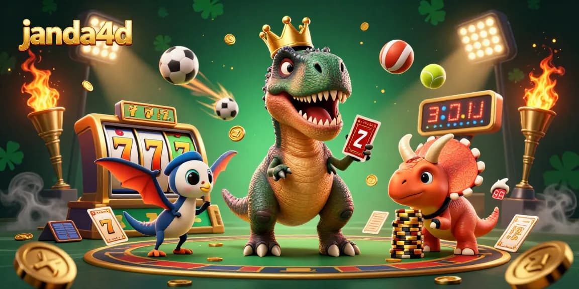 janda4d mempersembahkan ilustrasi kasino interaktif dengan T-Rex yang berniat mengocok kartu dan triceratops menumpuk chip emas.