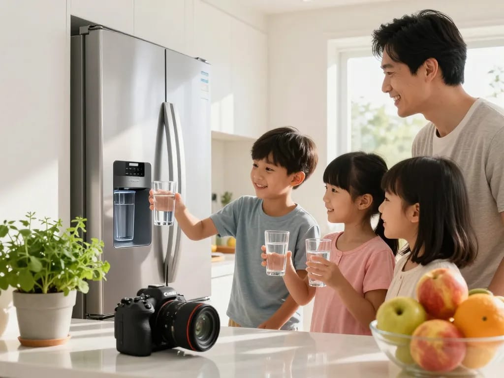 AQUA CREST WF1CB Replacement for Frigidaire® PureSource WFCB® used by a family in a bright modern kitchen, emphasizing health and togetherness.