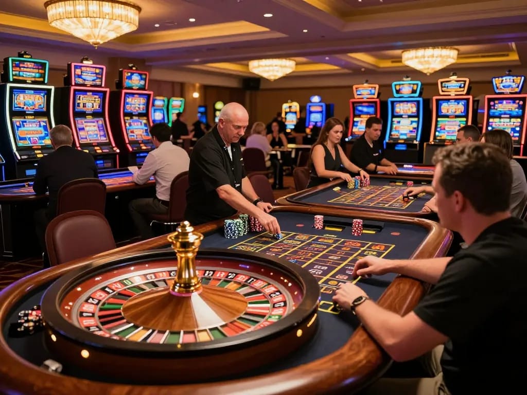 Gamblers placed bets at roulette tables in a lively casino, showcasing excitement with superjp strategy.
