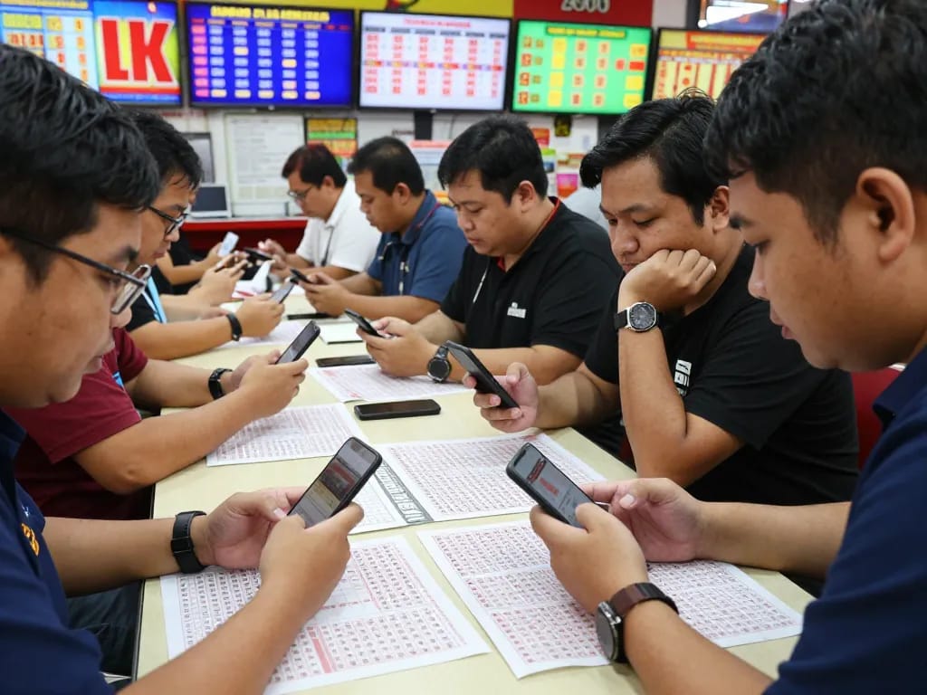Pengeluaran HK live betting scene with players analyzing numbers and results in a vibrant environment.