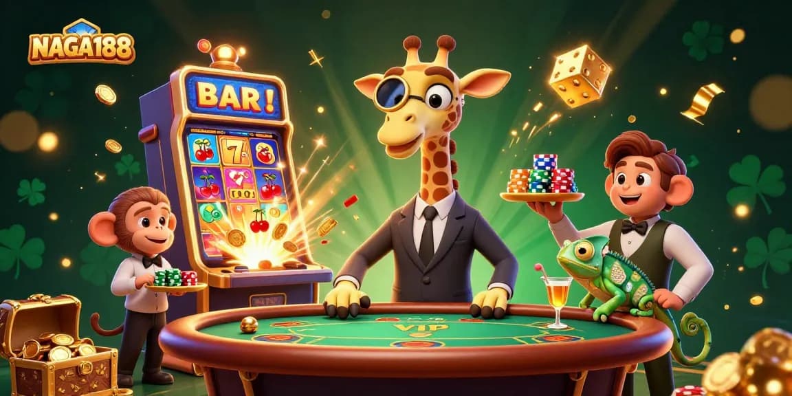 NAGA188 permainan slot di tengah kemeriahan 3D dengan jerapah glamor dan karakter menarik lainnya.