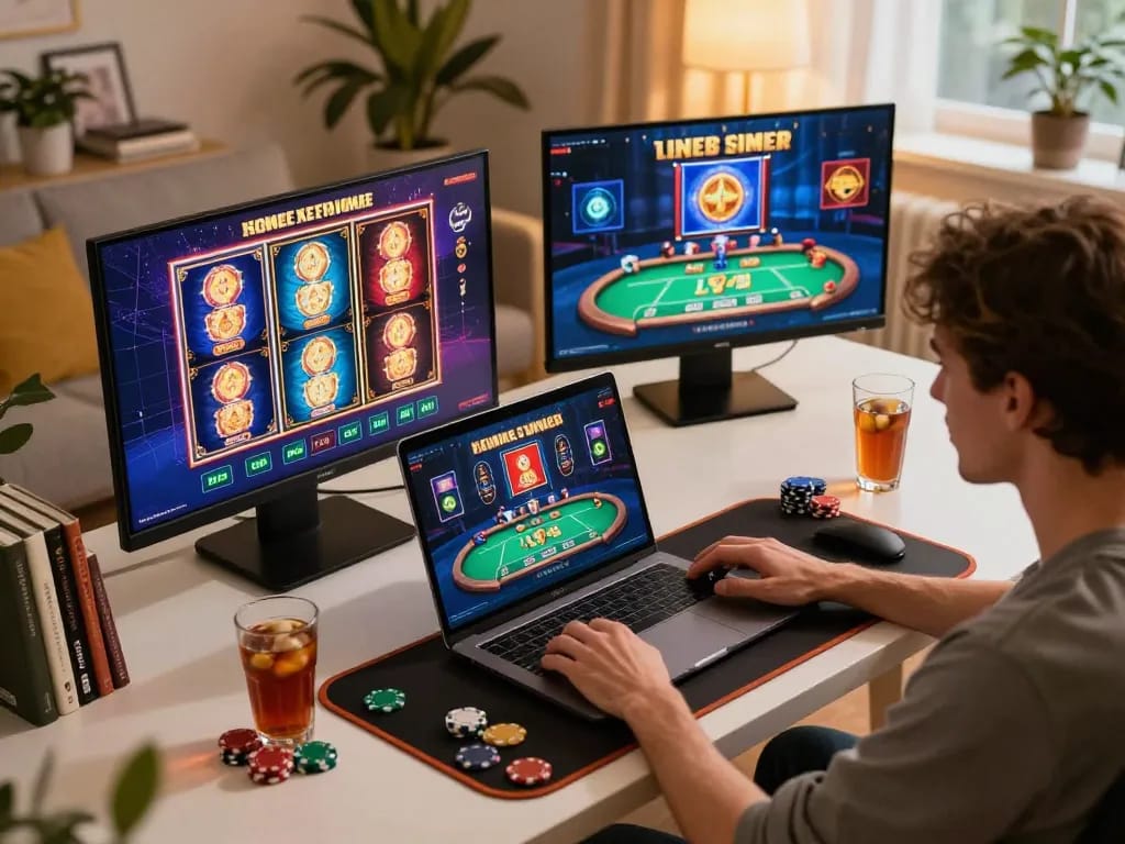 Engaging in online casino games at home with BK88 gaming setup.