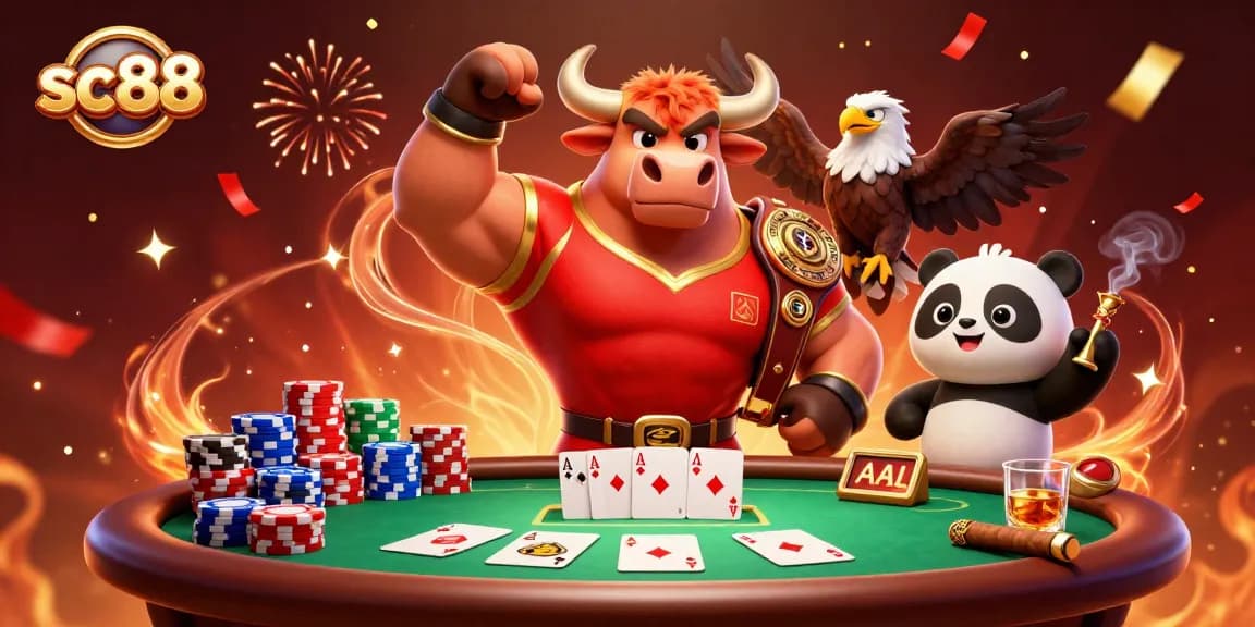 Celebrate big wins with sc88, showcasing a vibrant 3D casino scene featuring a bull mascot and poker elements.