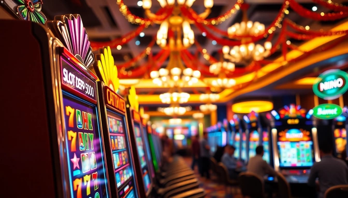 Mesin slot berwarna cerah dengan tema Slot Depo 5000 di kasino, menarik perhatian para pemain.