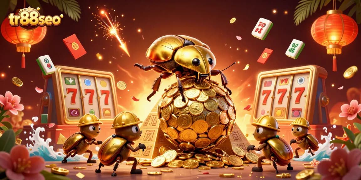Engage with tr88seo's slot gaming world as golden beetles roll coins in a casino paradise.
