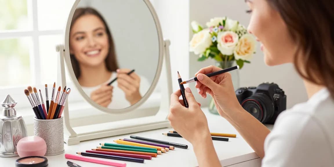 Makeup pencil sharpener in use with colorful beauty pencils at a chic vanity.