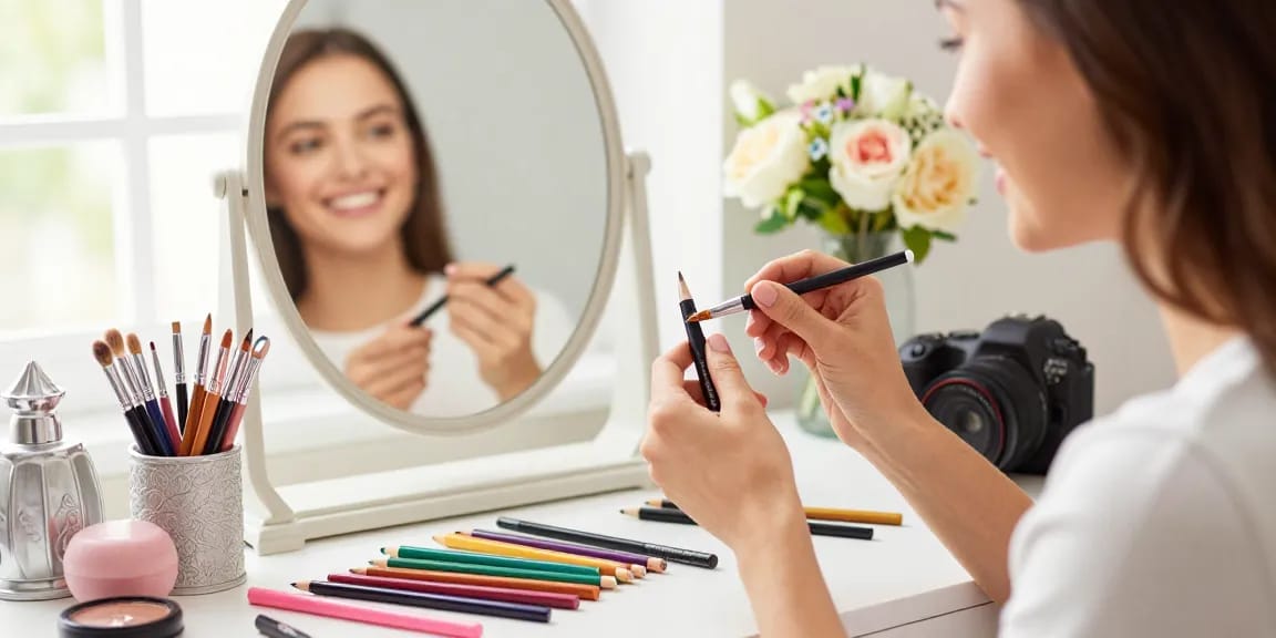 Makeup pencil sharpener in use with colorful beauty pencils at a chic vanity.