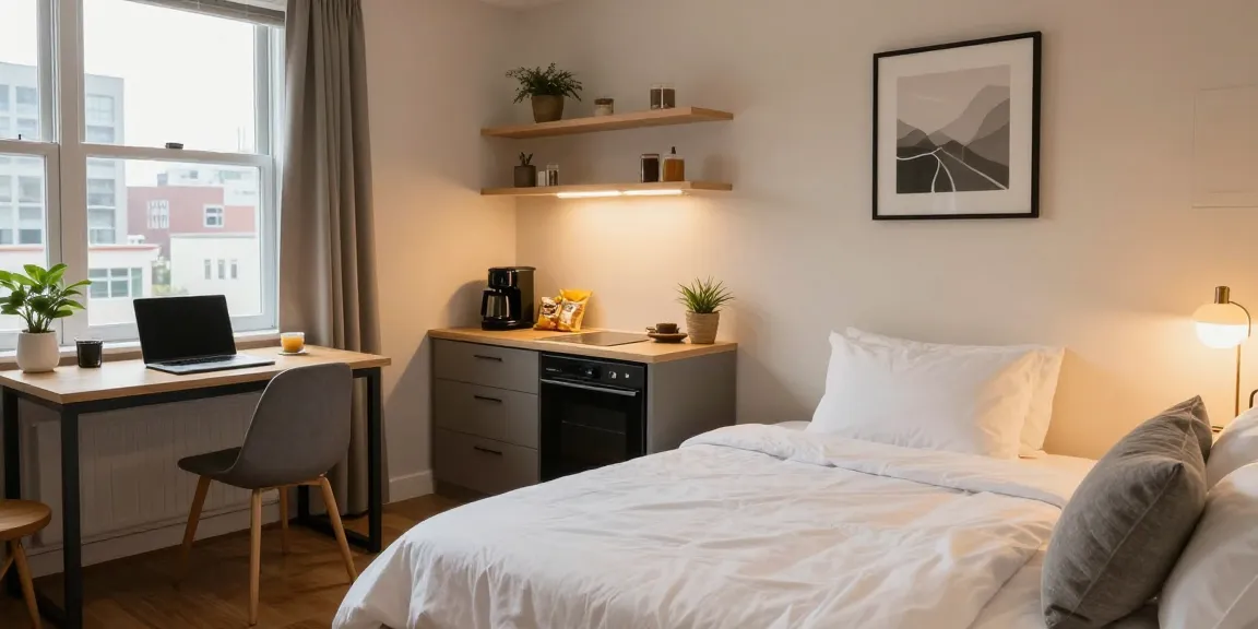 Monteurzimmer Hannover: Gemütliches Gästezimmer mit Arbeitsplatz und Küchenzeile, ideal für Berufstätige.