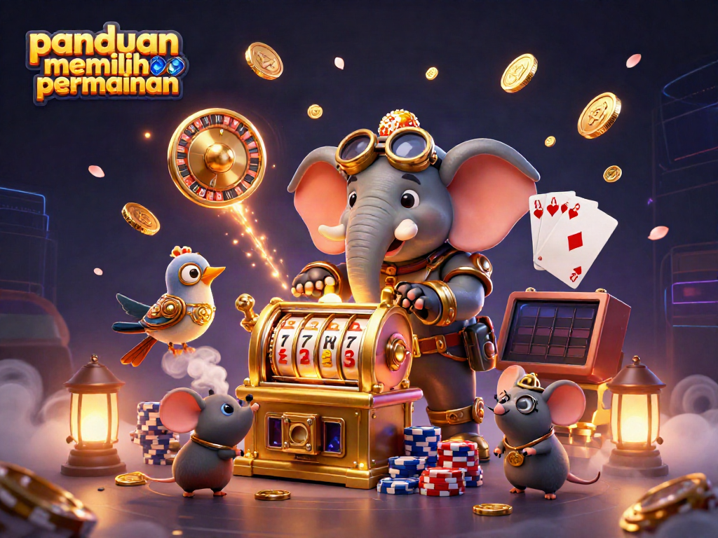 Ilustrasi panduan memilih permainan dalam kasino dengan karakter dan elemen dinamis.