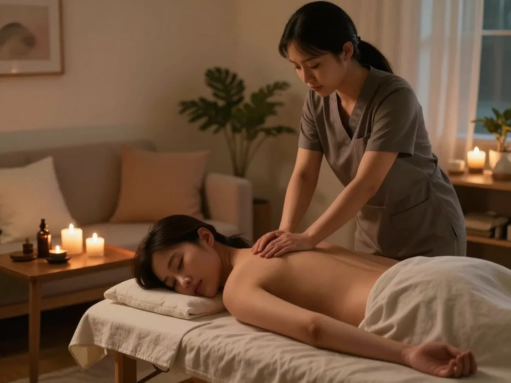 Enjoying a relaxing 부천출장마사지 by a professional therapist in a serene home setting with warm lighting.