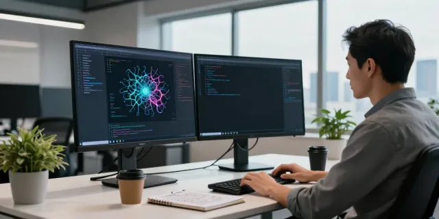Engineer focused on neural network content generation in a modern office