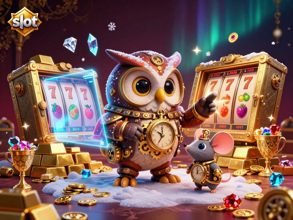 Engaging slot gaming scene featuring a time-traveler owl, showcasing vibrant reels and jackpots.