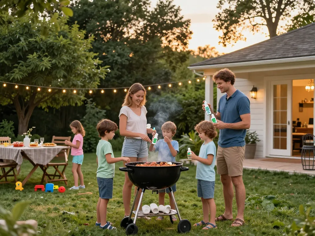 Family enjoying summer barbecue while using the Best Mosquito Repellent for effective outdoor protection.
