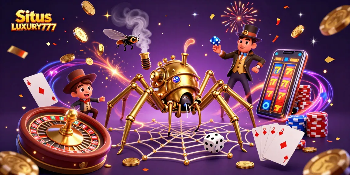 Situs LUXURY777 menghadirkan ilustrasi kasino 3D yang ceria dengan laba-laba steampunk dan koin emas mengalir.