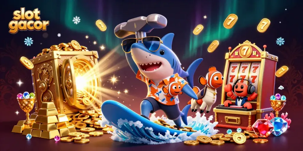 Experience slot gacor action with a surfing shark and colorful underwater friends amid gold coins.
