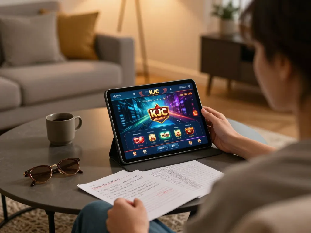 KJC online gaming session at home, engaging player strategizing bets with tablet and notes.