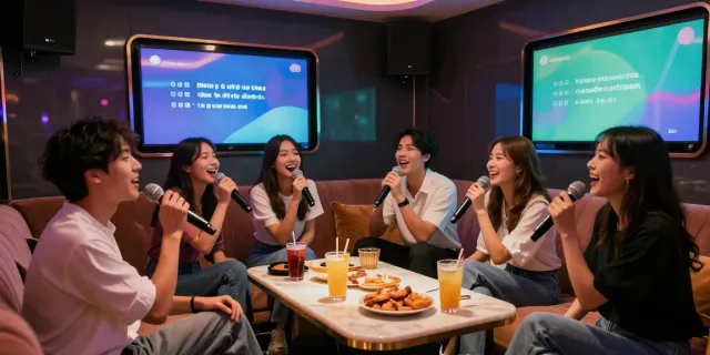강남의 달토 가라오케에서 친구들이 즐겁게 노래하는 모습