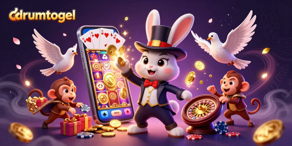 Menghadirkan aksi drumtogel dengan karakter kelinci penyihir dan koin berkilau di luar topi, merayakan kemenangan dalam permainan kasino.