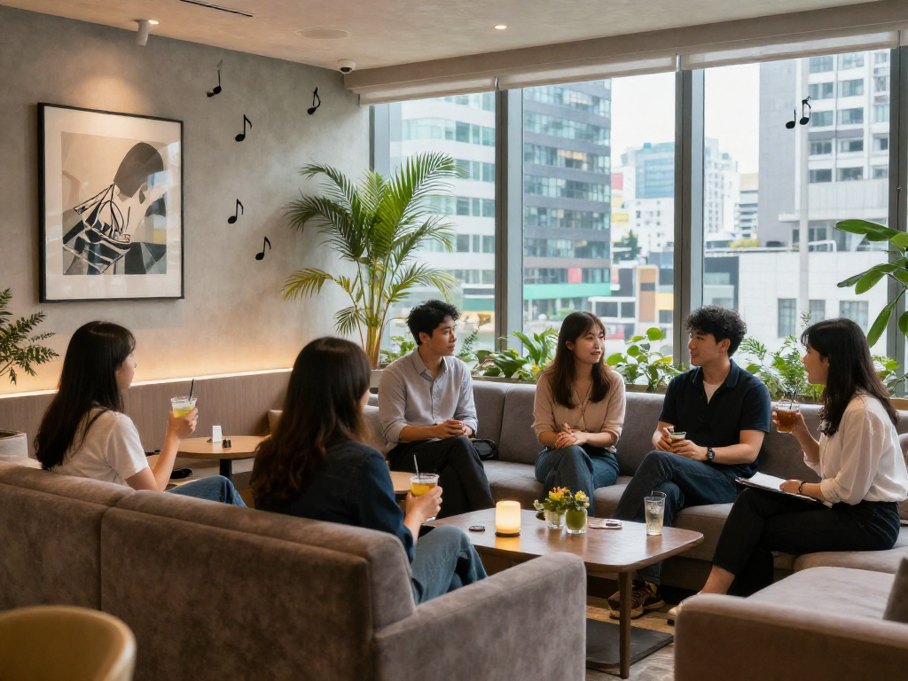 강남쩜오에서 친구들과 여유로운 시간을 보내는 모습, 고급스러운 라운지 분위기