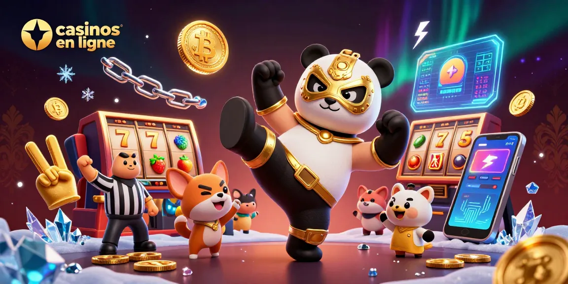 Casinos en ligne : un panda lutteur s'illustre alors qu'il réalise un coup spectaculaire, entouré de personnages animés.