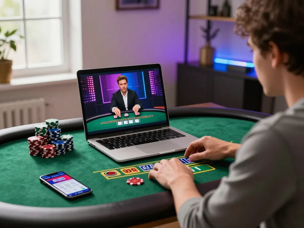 Player engaging in live dealer blackjack gameplay on sky88, showcasing strategic decision-making at home.