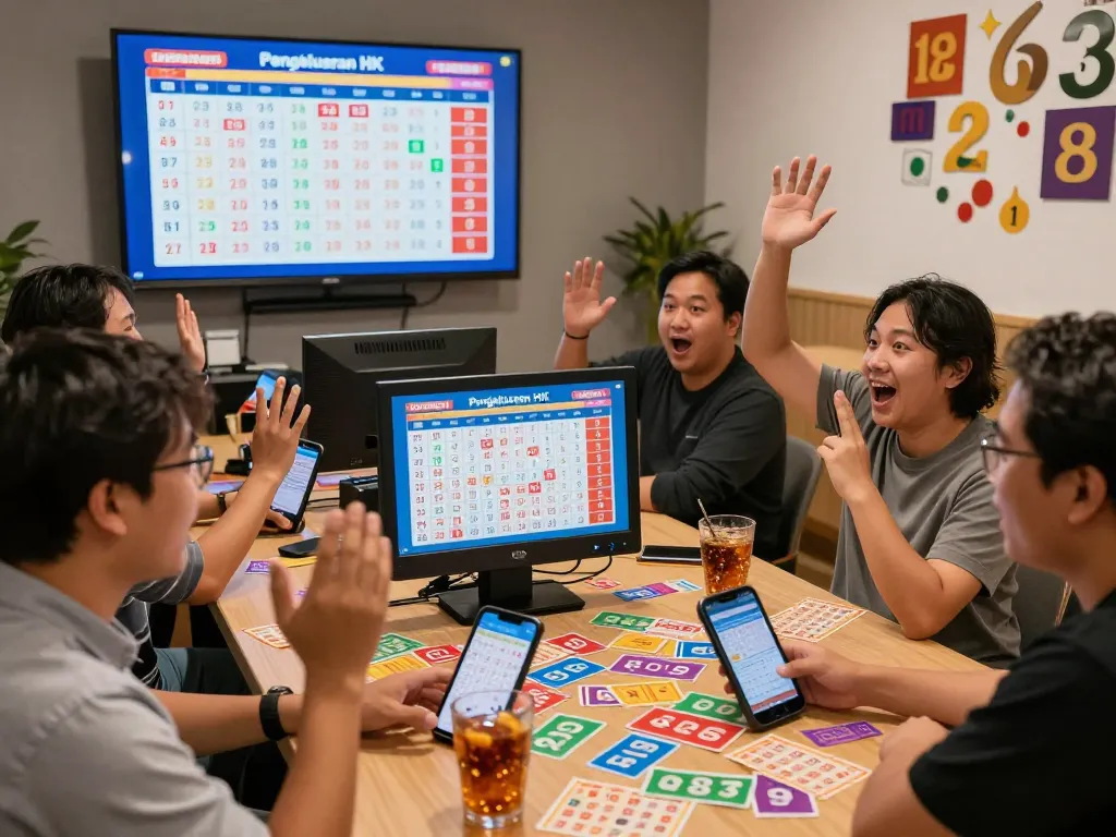 Excited players viewing Pengeluaran HK lottery results in a vibrant gaming lounge.