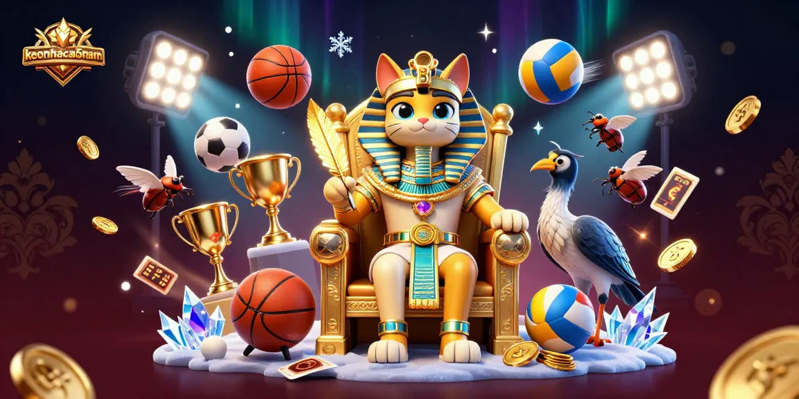 Bet on keonhacai5nam with a dynamic 3D scene featuring sports balls and ancient Egyptian elements.