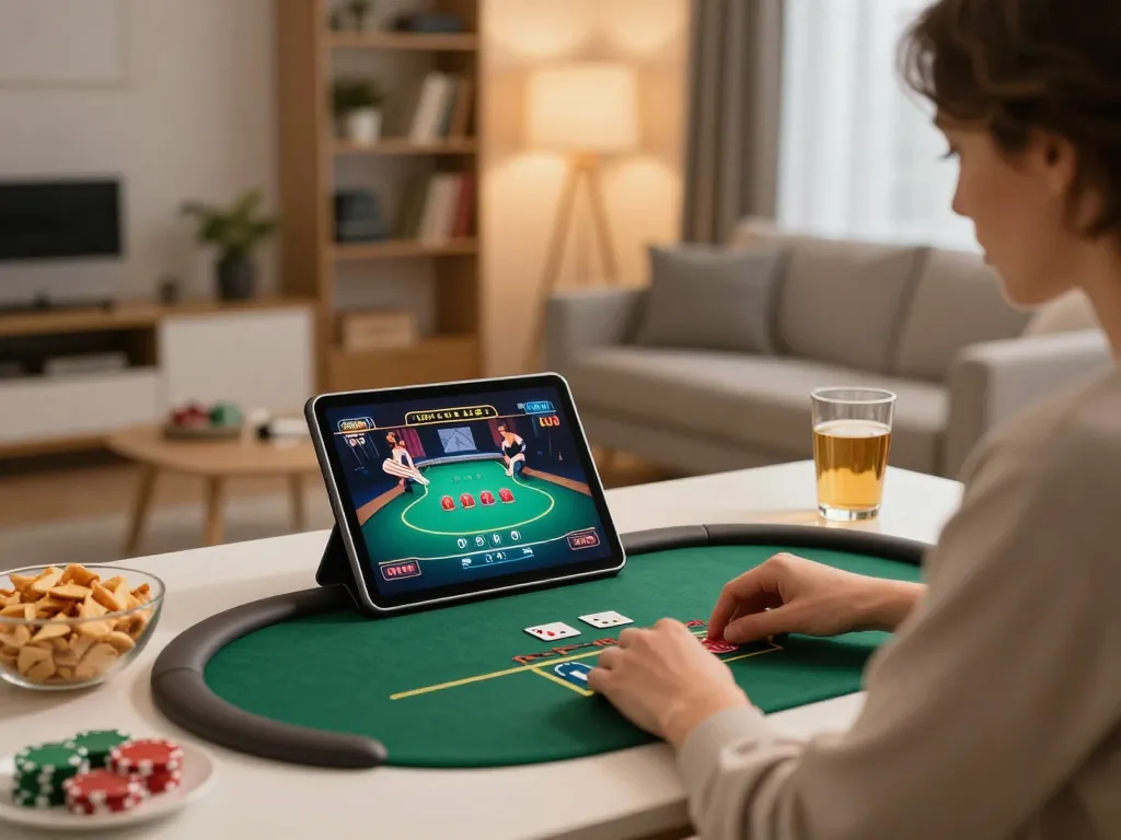 Engaging in online poker on fabet in a comfortable home setting with a tablet.