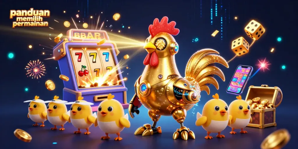 Panduan memilih permainan dalam ilustrasi 3D menunjukkan robot ayam dan mesin slot mempesona dengan efek jackpot