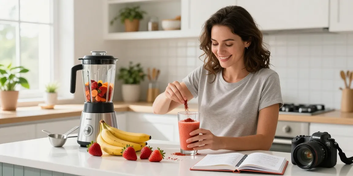 Nourishing smoothie preparation with natural astaxanthin ingredients in a bright kitchen.