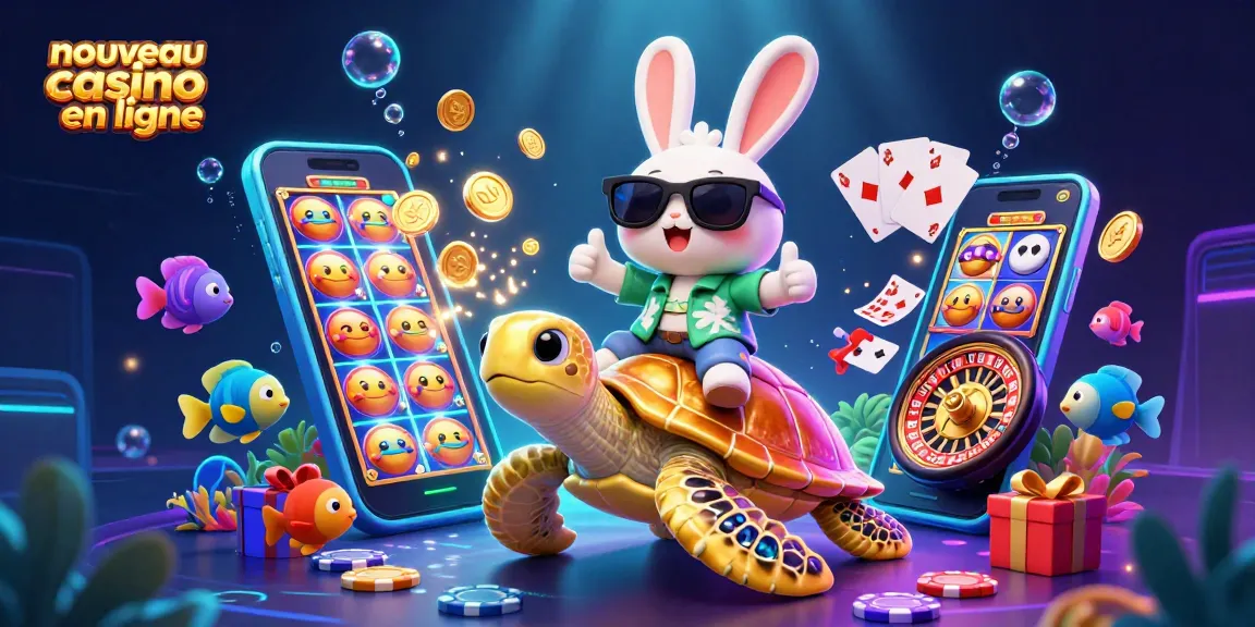 Découvrez le nouveau casino en ligne avec ce lapin chanceux sur une tortue dorée dans un environnement festif.