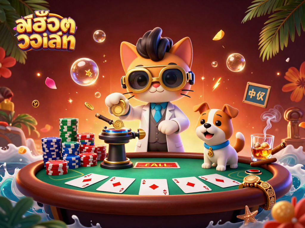 Engage with สล็อตวอเลท in an exciting casino scene featuring animated characters, poker elements, and vibrant colors.