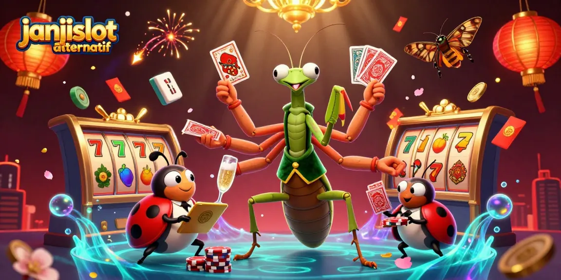 Join the fun at janjislot alternatif with vibrant characters and slot game elements showcasing a thrilling gambling experience.