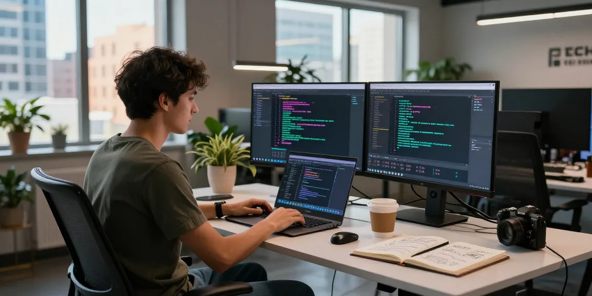 Frontend development with React in a modern tech workspace with developer coding on laptop and monitors displaying vibrant UI components.