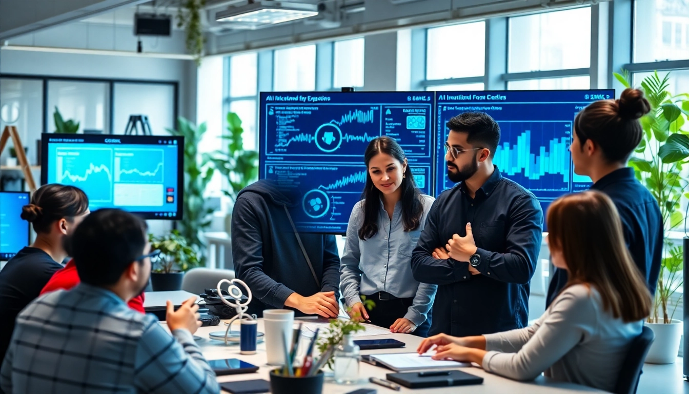 Engaging EORMC AI blockchain development team collaborating in a tech-savvy workspace.