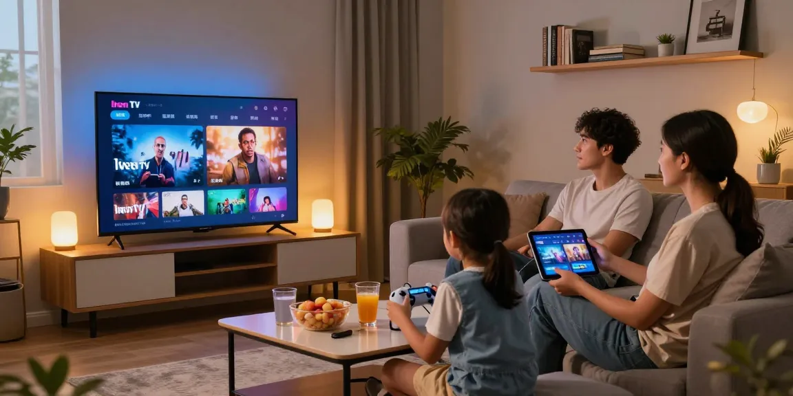 Engaged family streaming Iron TV content in a modern living room.