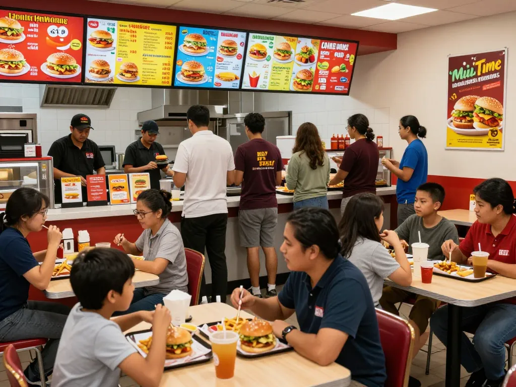 Dynamic scene of a busy fast food restaurant showing fast food prices on colorful menu boards and people enjoying meals.