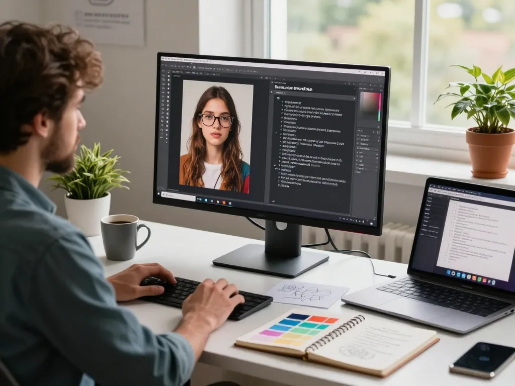 Digital artist using an image to prompt generator in a modern workspace, featuring AI tools and vibrant colors.