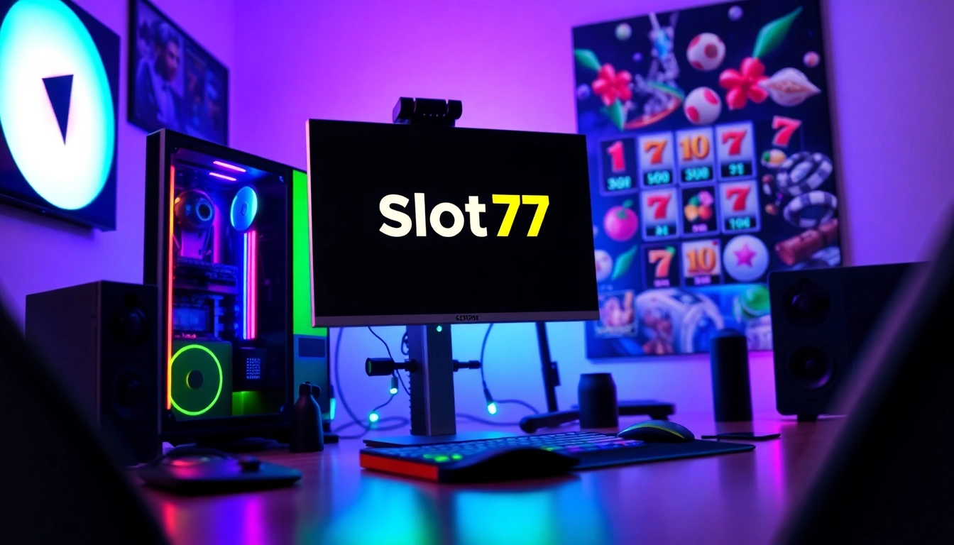 Permainan Slot77 di layar komputer dengan pencahayaan LED berwarna yang menarik.