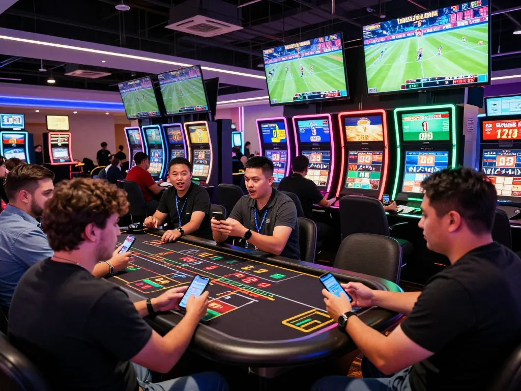 Excited bettors engaging in live sports betting at 888top casino, showcasing thrilling action and competitive atmosphere
