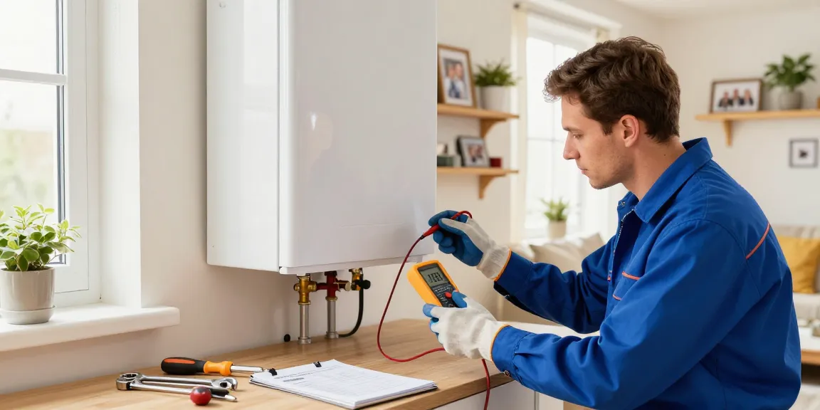 Bedford heating engineer testing a boiler with tools in a warm home environment.