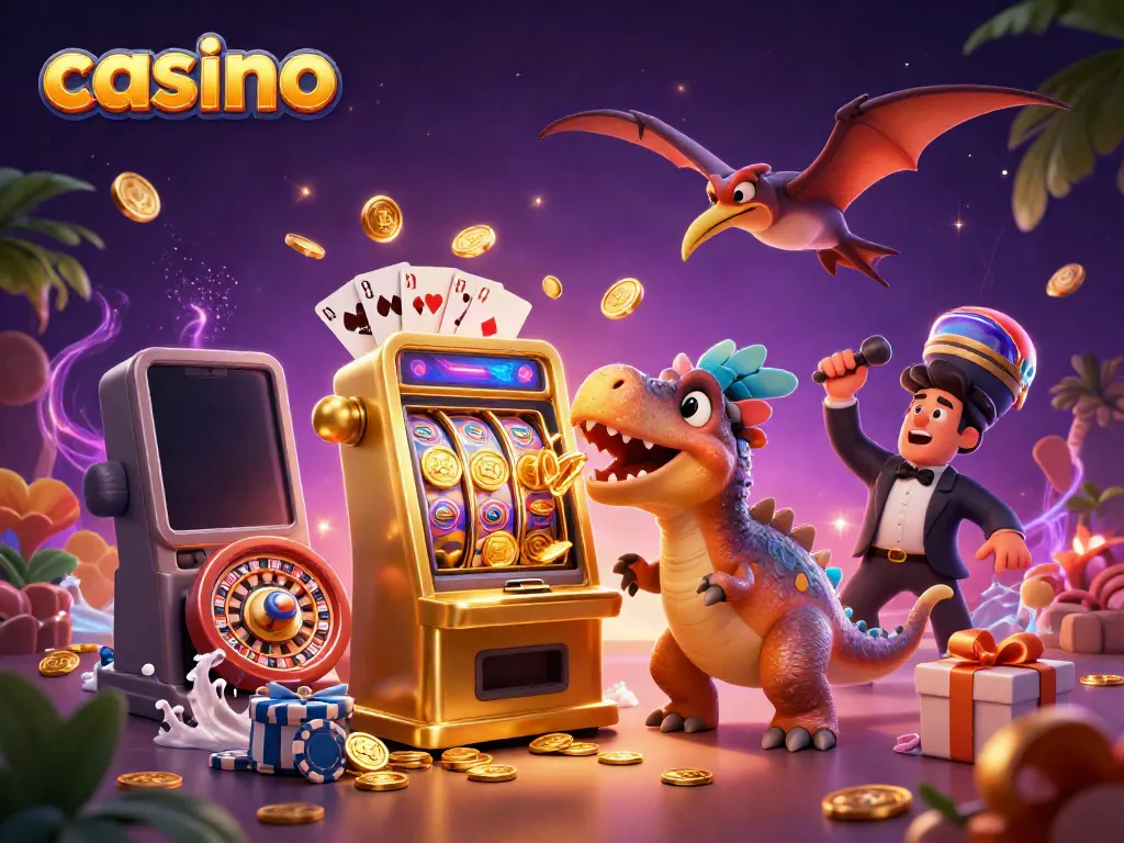 Experience the thrill of casino action as a dinosaur headbutts a slot machine, exploding with coins!