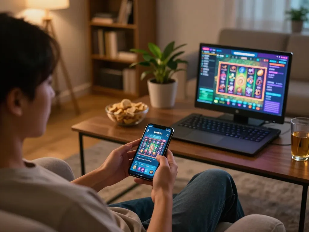 Engaging in pajaktoto slot gameplay on a smartphone in a cozy home environment, showcasing relaxed online gambling atmosphere