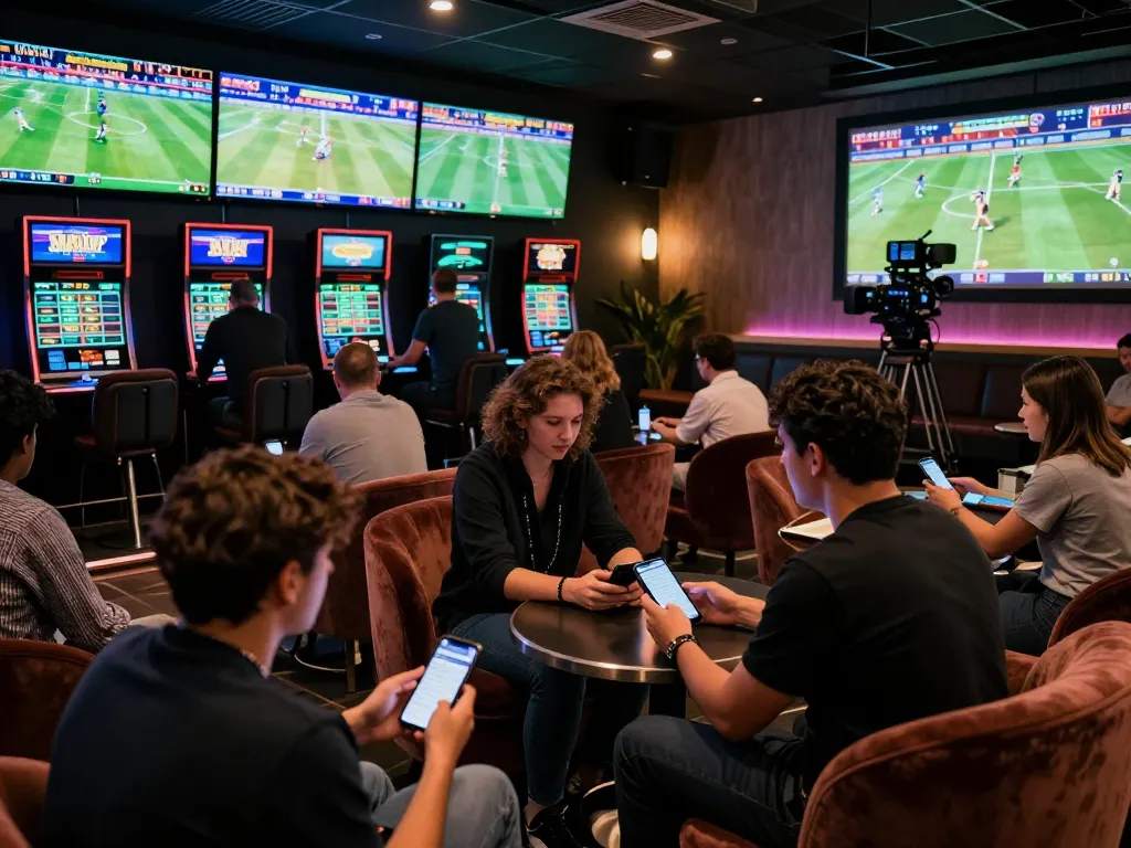 Patrons engaging in sports betting in a lively lounge while using mobile apps to place wagers on various games.