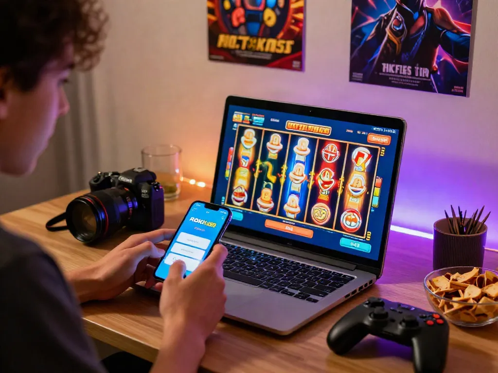 Engaging rokok88 slot login gaming scene with a player enjoying an online slot game at home.