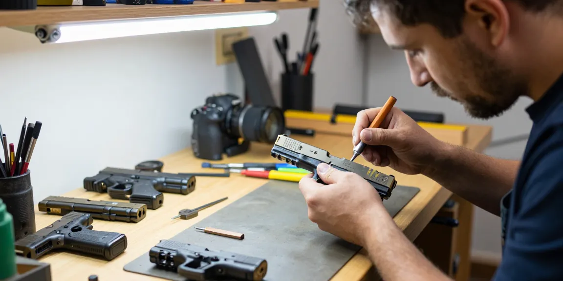 Expert technician customizing a Glock slide at https://precisionglockslides.com with precision tools in a well-lit workshop.