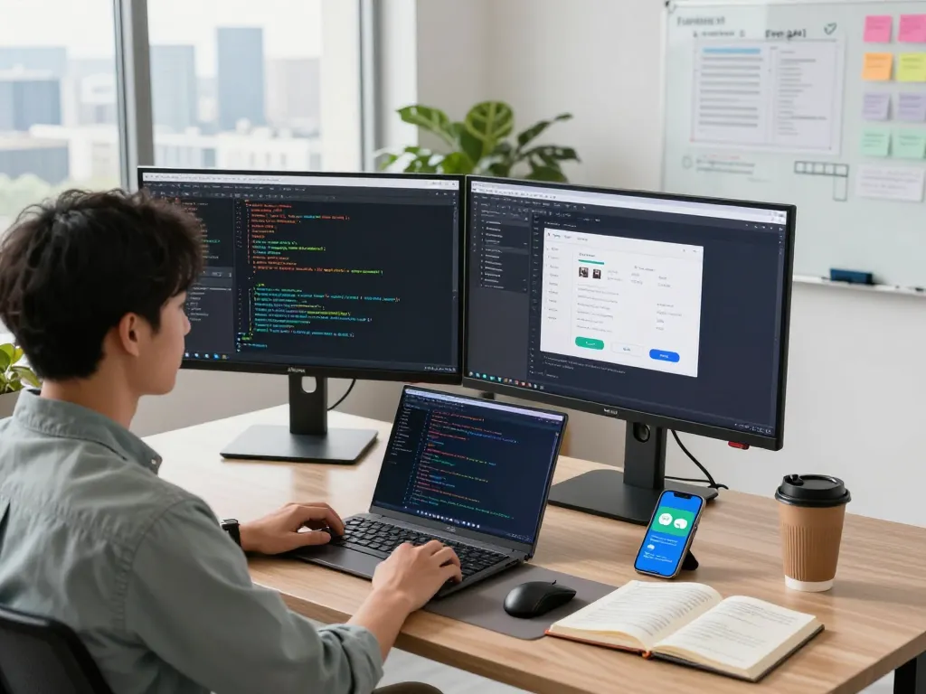 Developer coding on dual screens in a modern office, showcasing openclawd technology integration.